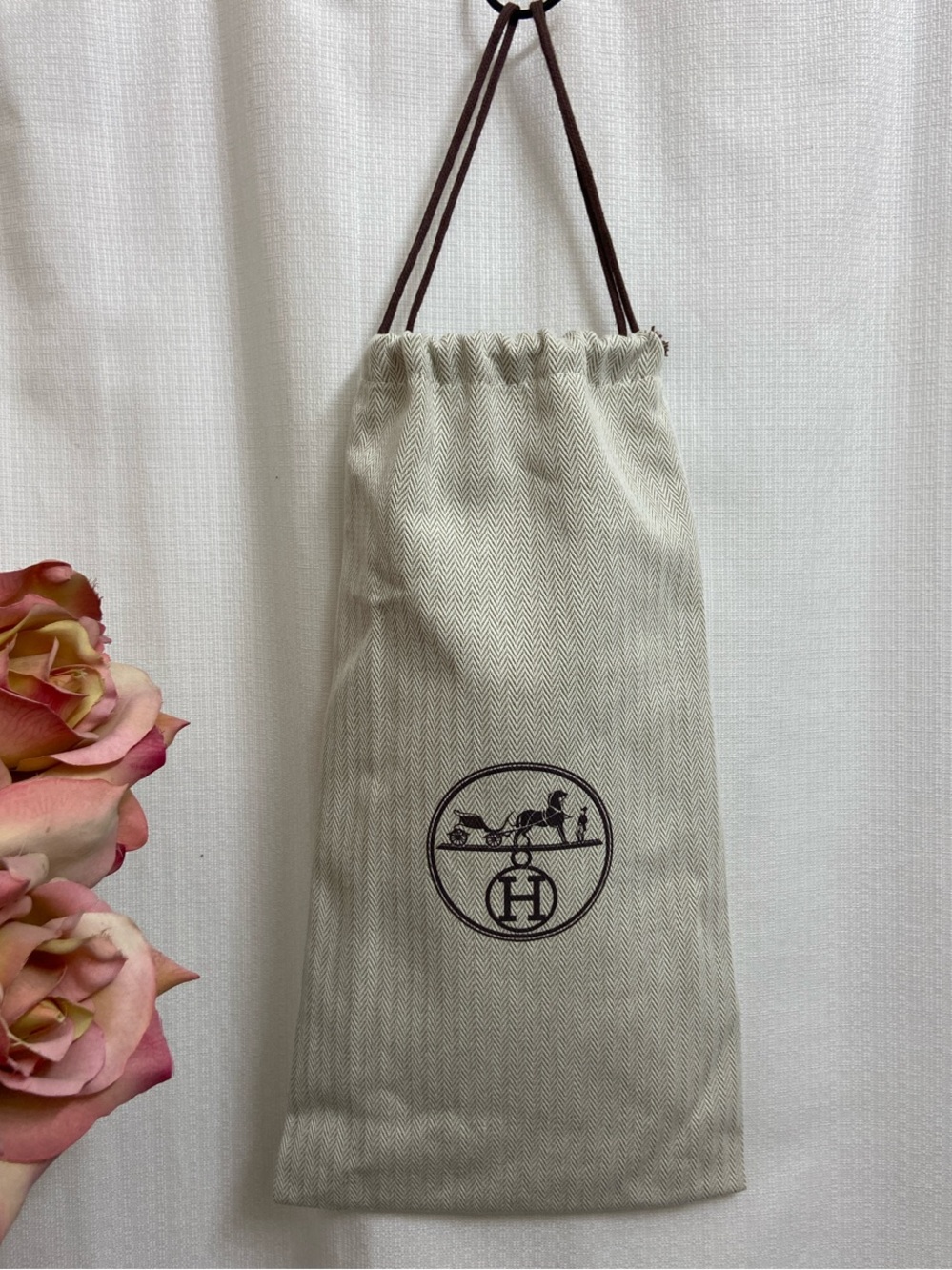 Hermes Beige Canvas Drawstring Dust Bag with Brown Logo